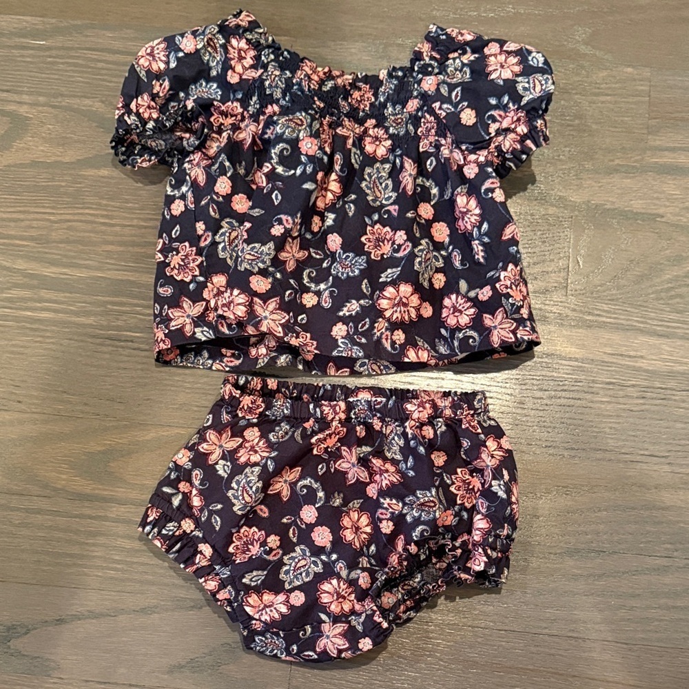 GAP Baby Fall Floral Smocked Puff Sleeve Matching Set - Navy and Pink